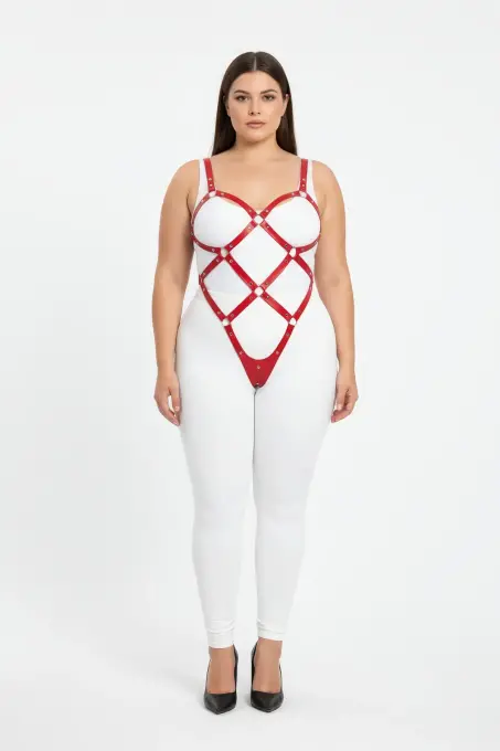 Büyük Beden Kırmızı Kadın Deri Full Body Harness Takım Halka Detaylı Vücut Aksesuarı - APFT542 - 1