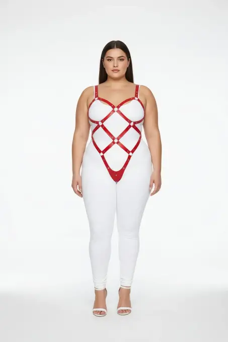 Büyük Beden Kırmızı Kadın Deri Full Body Harness Takım Halka Detaylı Vücut Aksesuarı - APFT542 - Angels Passion (1)