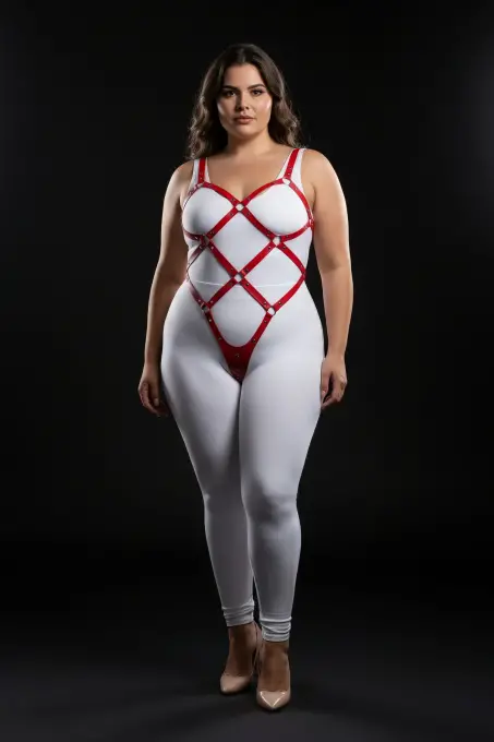 Büyük Beden Kırmızı Kadın Deri Full Body Harness Takım Halka Detaylı Vücut Aksesuarı - APFT542 - 3