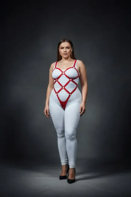 Büyük Beden Kırmızı Kadın Deri Full Body Harness Takım Halka Detaylı Vücut Aksesuarı - APFT542 - 4