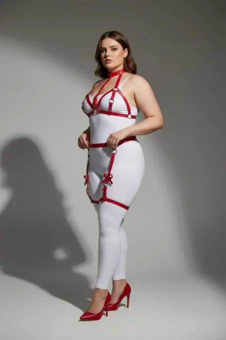 Büyük Beden Kırmızı Kadın Deri Görünümlü Fiyonk Detaylı Jartiyer Harness Takım - APFT310 - 2
