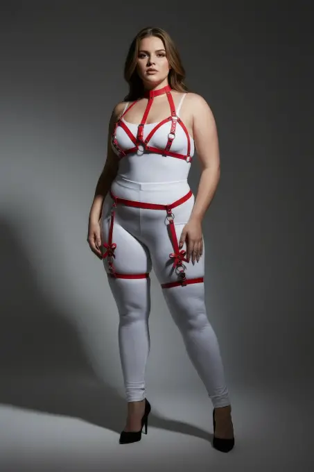Büyük Beden Kırmızı Kadın Deri Görünümlü Fiyonk Detaylı Jartiyer Harness Takım - APFT310 - 3
