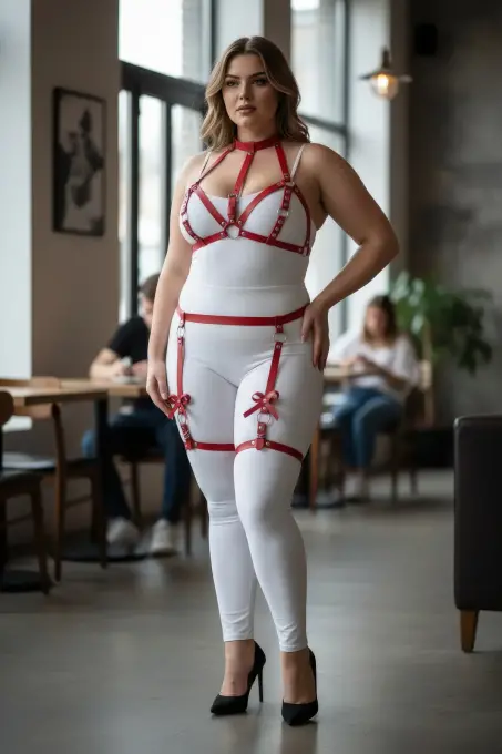 Büyük Beden Kırmızı Kadın Deri Görünümlü Fiyonk Detaylı Jartiyer Harness Takım - APFT310 - 4