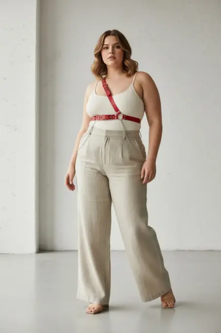 Büyük Beden Kırmızı Kadın Deri Harness Kemer Zincir Detaylı Vücut Aksesuarı - APFT813 - 1