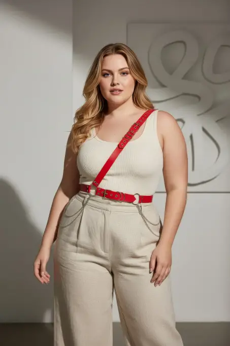 Büyük Beden Kırmızı Kadın Deri Harness Kemer Zincir Detaylı Vücut Aksesuarı - APFT813 - 3