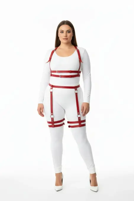 Büyük Beden Kırmızı Kadın Deri Harness Takım Ayarlanabilir Halka Detaylı - APFT537 - 1