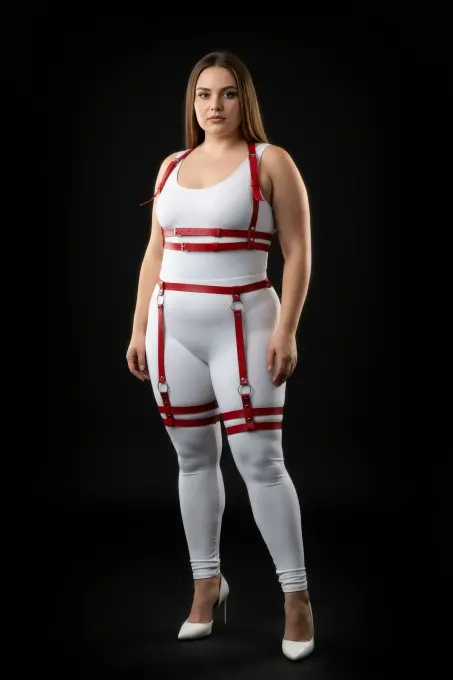 Büyük Beden Kırmızı Kadın Deri Harness Takım Ayarlanabilir Halka Detaylı - APFT537 - 3