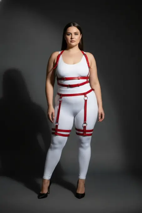 Büyük Beden Kırmızı Kadın Deri Harness Takım Ayarlanabilir Halka Detaylı - APFT537 - 4