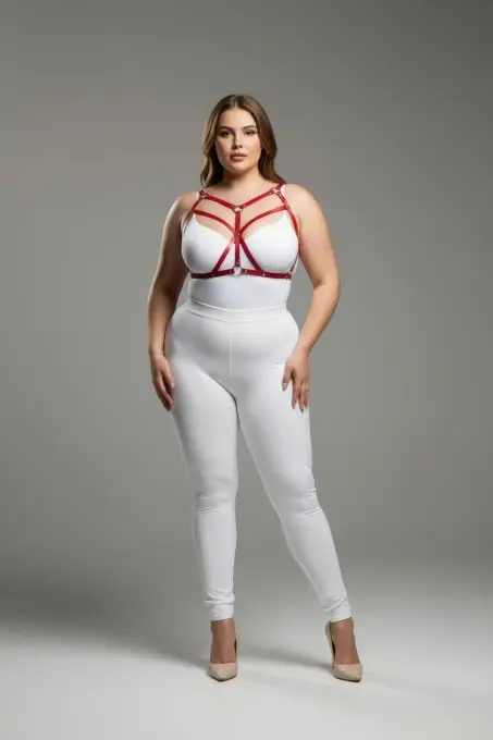 Büyük Beden Kırmızı Kadın Deri Harness Takım Çapraz Askılı Estetik Vücut Aksesuarı - APFT247 - 1