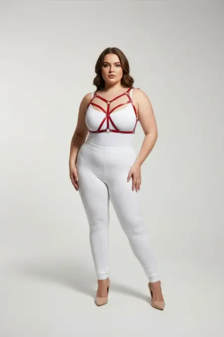 Büyük Beden Kırmızı Kadın Deri Harness Takım Çapraz Askılı Estetik Vücut Aksesuarı - APFT247 - Angels Passion (1)