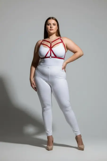 Büyük Beden Kırmızı Kadın Deri Harness Takım Çapraz Askılı Estetik Vücut Aksesuarı - APFT247 - 3