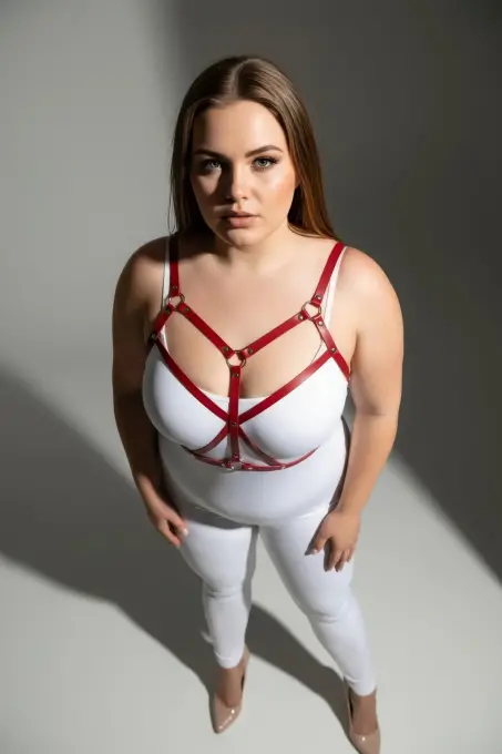 Büyük Beden Kırmızı Kadın Deri Harness Takım Çapraz Askılı Estetik Vücut Aksesuarı - APFT247 - 4