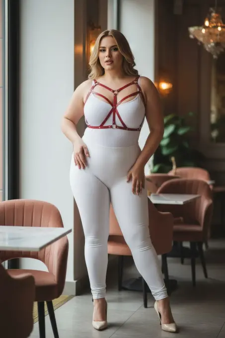 Büyük Beden Kırmızı Kadın Deri Harness Takım Çapraz Askılı Estetik Vücut Aksesuarı - APFT247 - 5