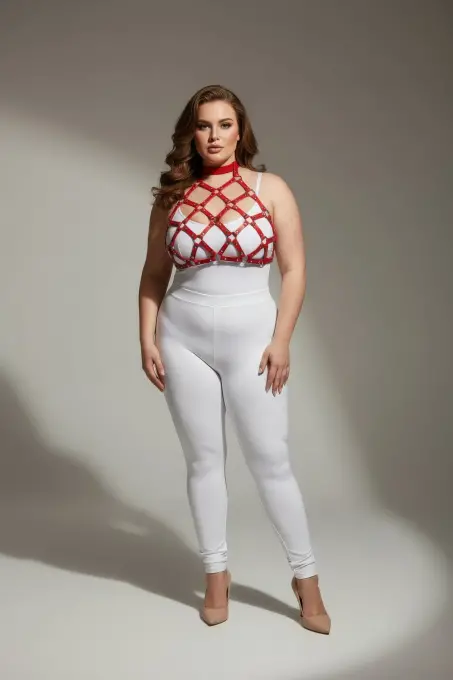 Büyük Beden Kırmızı Kadın Deri Harness Takım Çivi Detaylı Şık Aksesuar - APFT443 - 1