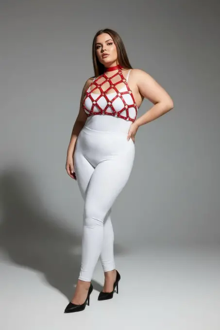 Büyük Beden Kırmızı Kadın Deri Harness Takım Çivi Detaylı Şık Aksesuar - APFT443 - 2