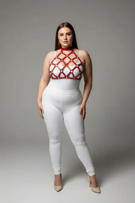 Büyük Beden Kırmızı Kadın Deri Harness Takım Çivi Detaylı Şık Aksesuar - APFT443 - 3