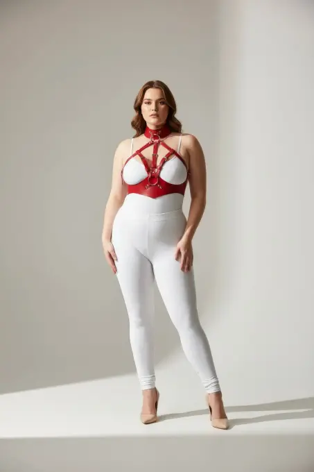 Büyük Beden Kırmızı Kadın Deri Harness Takım Fantazi Tasmalı - APFT1286 - 1