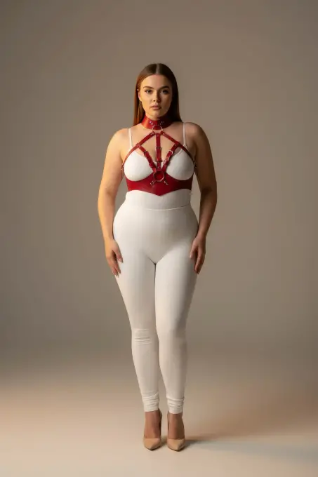 Büyük Beden Kırmızı Kadın Deri Harness Takım Fantazi Tasmalı - APFT1286 - 2