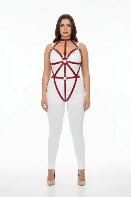 Büyük Beden Kırmızı Kadın Deri Harness Takım Fantazi Vücut Aksesuarı - APFT243 - 2
