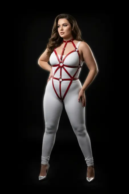 Büyük Beden Kırmızı Kadın Deri Harness Takım Fantazi Vücut Aksesuarı - APFT243 - 3