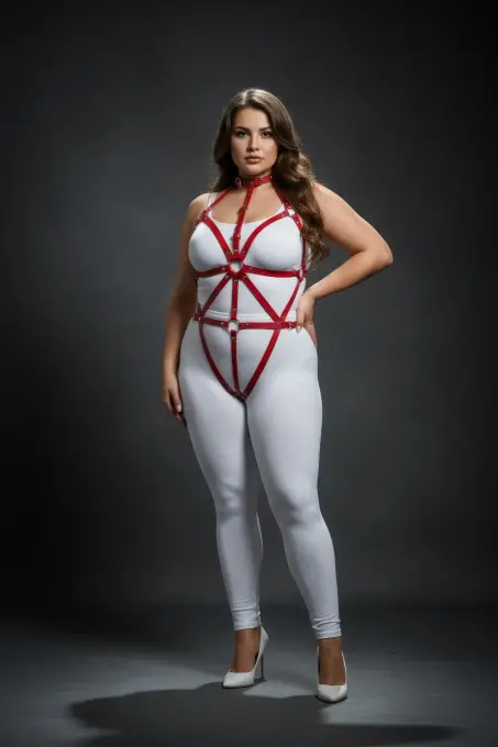 Büyük Beden Kırmızı Kadın Deri Harness Takım Fantazi Vücut Aksesuarı - APFT243 - 4