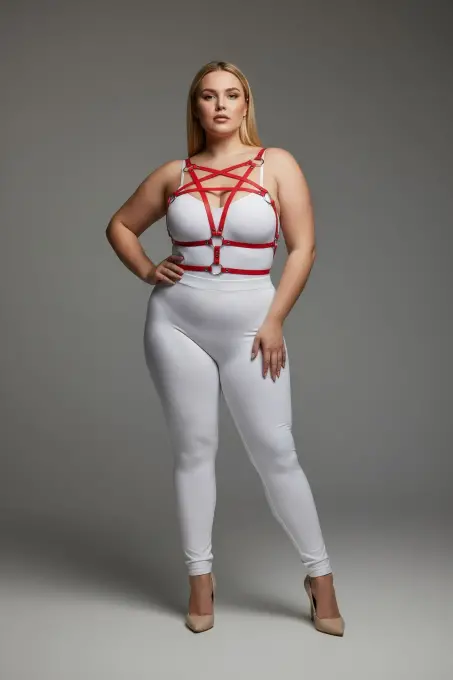Büyük Beden Kırmızı Kadın Deri Harness Takım Halka Detaylı Fantezi Aksesuar - APFT821 - 1