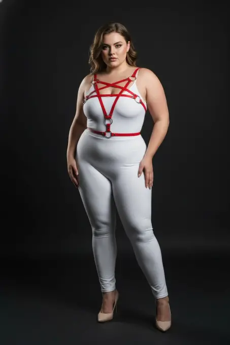 Büyük Beden Kırmızı Kadın Deri Harness Takım Halka Detaylı Fantezi Aksesuar - APFT821 - 4