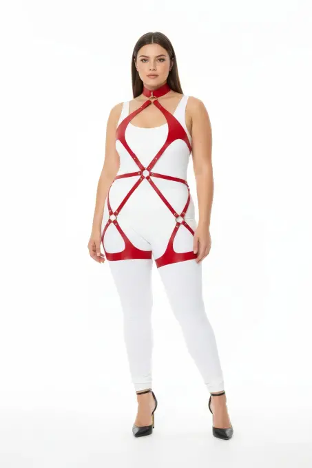 Büyük Beden Kırmızı Kadın Deri Harness Takım Halka Detaylı Fantezi Vücut Aksesuarı - APFT1331 - 1