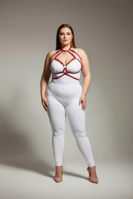 Büyük Beden Kırmızı Kadın Deri Harness Takım Halka Detaylı Göğüs Aksesuarı - APFT330 - 1