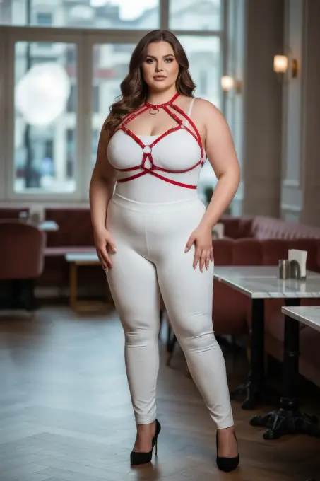 Büyük Beden Kırmızı Kadın Deri Harness Takım Halka Detaylı Göğüs Aksesuarı - APFT330 - 3