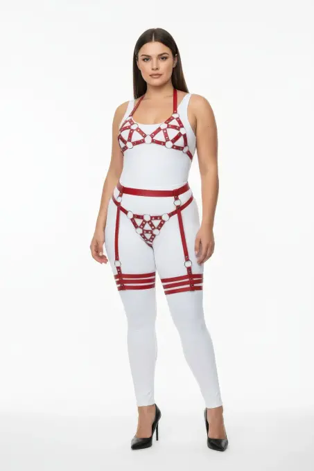 Büyük Beden Kırmızı Kadın Deri Harness Takım Halka Detaylı Jartiyerli Fantezi Aksesuar - APFT530 - 2