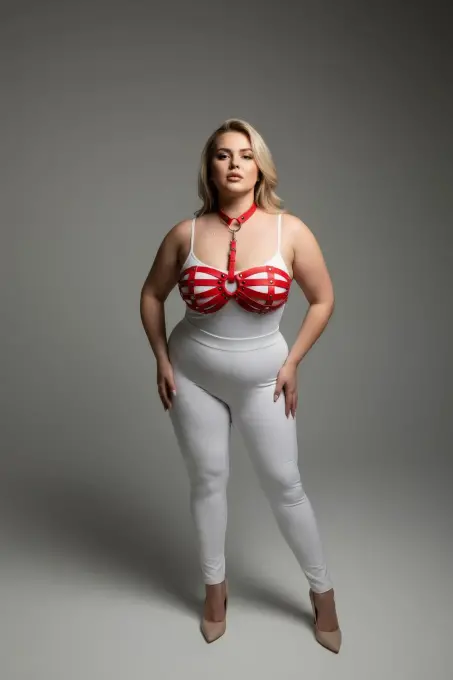 Büyük Beden Kırmızı Kadın Deri Harness Takım Halka Detaylı Seksi Vücut Aksesuarı - APFT224 - 1