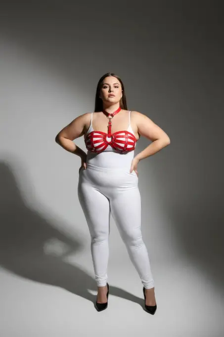 Büyük Beden Kırmızı Kadın Deri Harness Takım Halka Detaylı Seksi Vücut Aksesuarı - APFT224 - 2