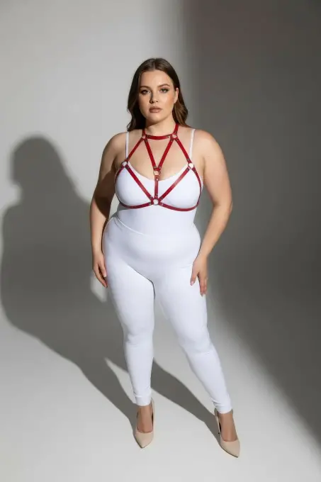 Büyük Beden Kırmızı Kadın Deri Harness Takım Halka Detaylı Şık Vücut Aksesuarı - APFT244 - 4