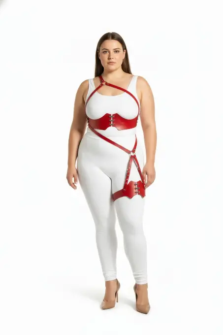 Büyük Beden Kırmızı Kadın Deri Harness Takım Jartiyer Detaylı Fantazi Aksesuar - APFT1372 - 2