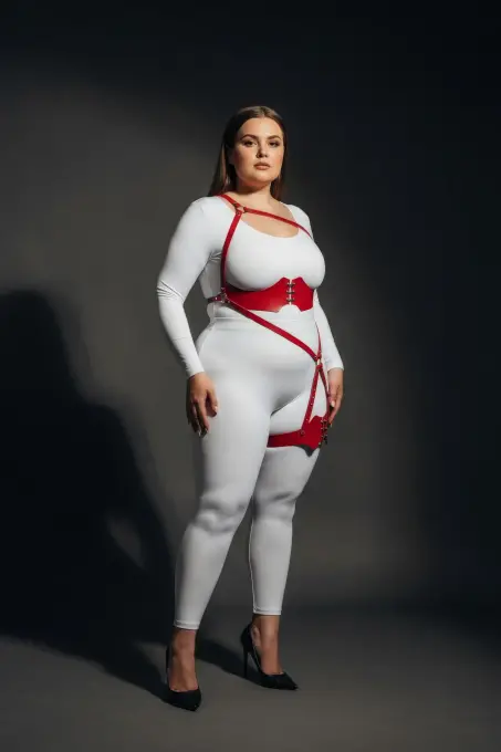 Büyük Beden Kırmızı Kadın Deri Harness Takım Jartiyer Detaylı Fantazi Aksesuar - APFT1372 - 4