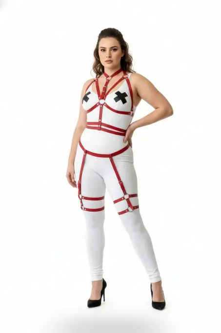 Büyük Beden Kırmızı Kadın Deri Harness Takım Jartiyer Detaylı Vücut Aksesuarı - APFT455 - 2