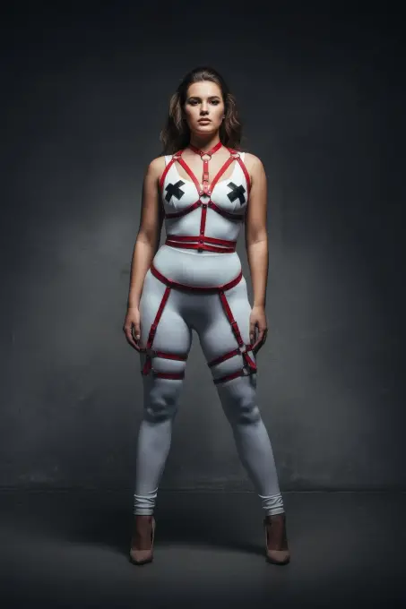 Büyük Beden Kırmızı Kadın Deri Harness Takım Jartiyer Detaylı Vücut Aksesuarı - APFT455 - 4