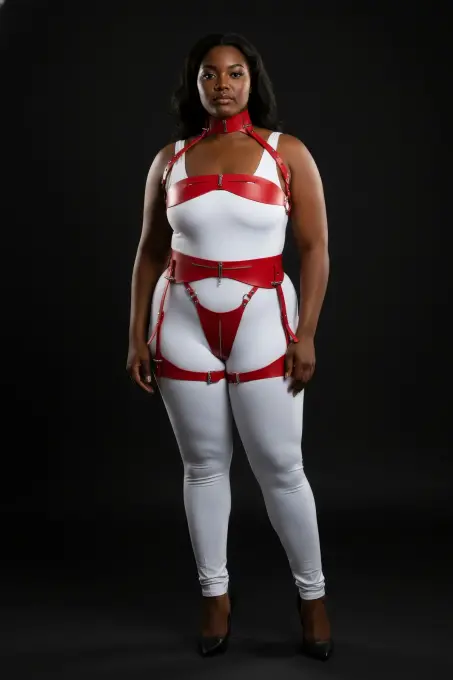Büyük Beden Kırmızı Kadın Deri Harness Takım Jartiyerli Fantazi Aksesuar - APFT1373 - 3
