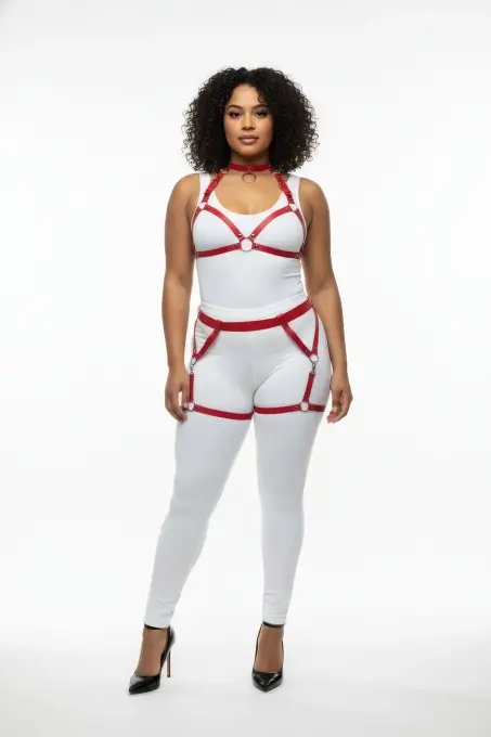 Büyük Beden Kırmızı Kadın Deri Harness Takım Jartiyerli Halka Detaylı - APFT478 - 1