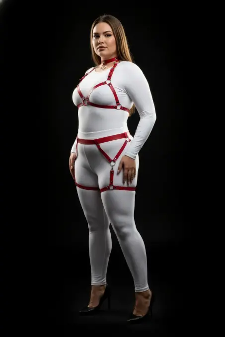 Büyük Beden Kırmızı Kadın Deri Harness Takım Jartiyerli Halka Detaylı - APFT478 - 3