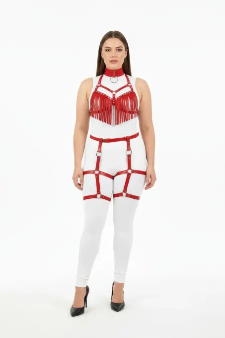 Büyük Beden Kırmızı Kadın Deri Harness Takım Püskül Detaylı Jartiyerli - APFT715 - 1