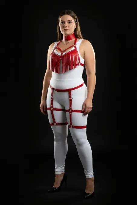 Büyük Beden Kırmızı Kadın Deri Harness Takım Püskül Detaylı Jartiyerli - APFT715 - 3