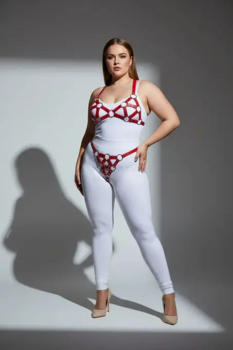 Büyük Beden Kırmızı Kadın Deri Harness Takım Seksi Halka Detaylı - APFT422 - 3