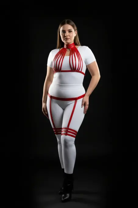 Büyük Beden Kırmızı Kadın Deri Harness Takım Seksi Jartiyer Detaylı - APFT552 - 3