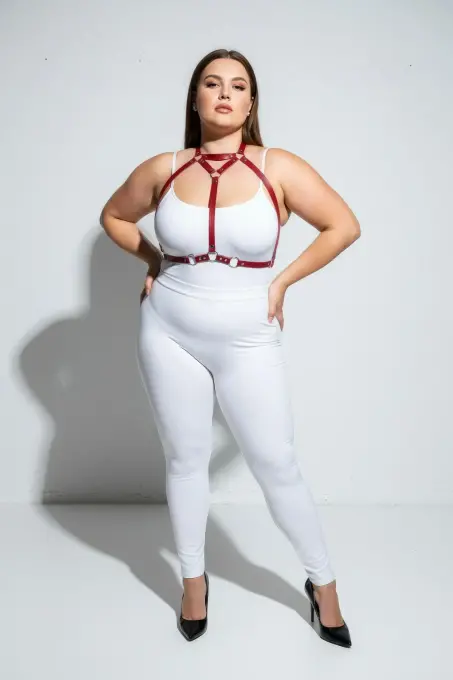 Büyük Beden Kırmızı Kadın Deri Harness Takım Şık Fantazi Vücut Aksesuarı - APFT245 - 4