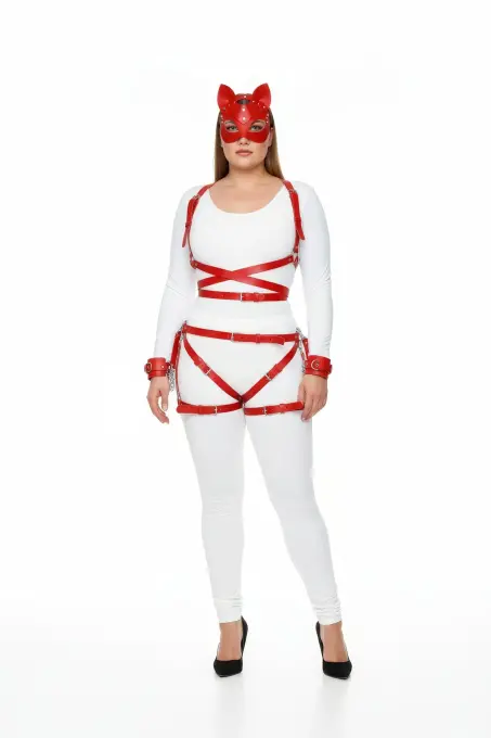 Büyük Beden Kırmızı Kadın Deri Harness Takım Vücut Çapraz Bağlama Fantezi Aksesuarı - APFT1036 - 2