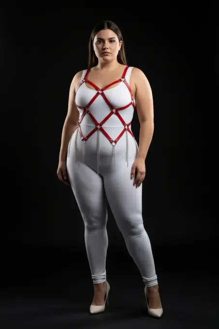 Büyük Beden Kırmızı Kadın Deri Harness Takım Zincir Detaylı Fantazi Aksesuar - APFT950 - 1