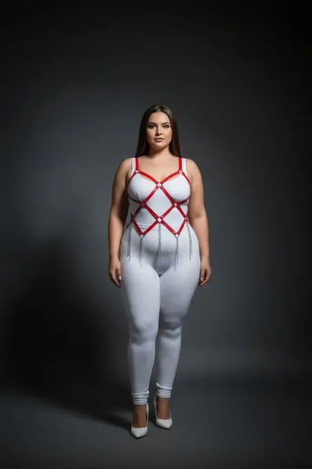 Büyük Beden Kırmızı Kadın Deri Harness Takım Zincir Detaylı Fantazi Aksesuar - APFT950 - 2