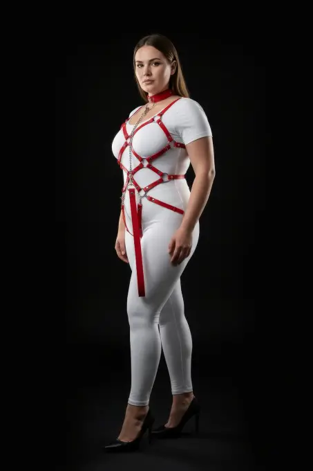 Büyük Beden Kırmızı Kadın Deri Harness Takım Zincir Detaylı Fantezi Aksesuar - APFT1350 - 1